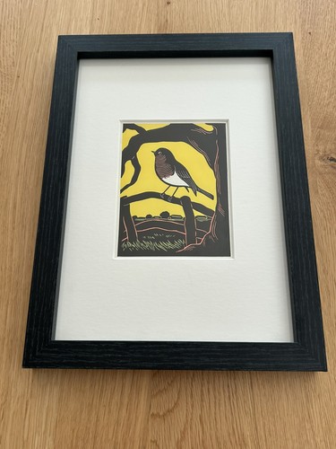 Robin framed woodcut - framed,