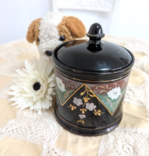 Antique Edwardian 20s Black Ceramic Hand Painted Gilded Biscuit Barrel Jar & lid