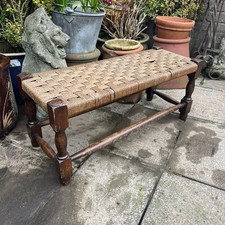 Long Vintage Oak Stool Woven