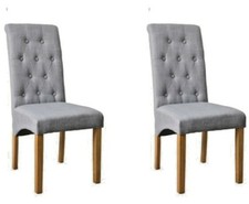 Dining Chairs With BUTTONS Grey Fabric  Set of 2  Roll Top Scroll  Wooden   Legs