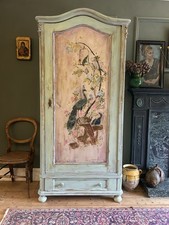 Vintage Painted Pine linen Press/wardrobe with Inlaid Chinoiserie