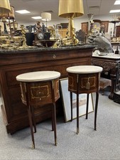Pair of French Louis XVI Oval White Marble Top Bedside Table with 3 Drawers
