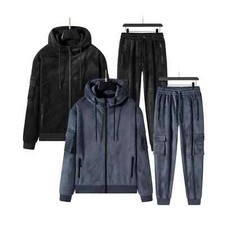 New Men's Cargo Utility Velour Tracksuit Set Zipped Pocket Sweatshirt Joggers