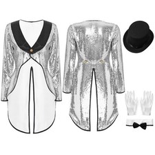 UK Women's Magician Tailcoat Jacket Sequins Tuxedo Hat Bow Collar Gloves Sets