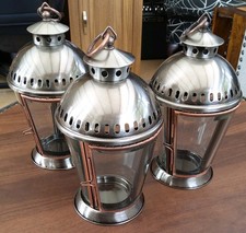 3 Retro Brass/Bronze Tone Metal/Glass Lantern Style Tea Light Holders 9" NWOT