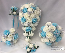 Wedding Flowers Ivory Rose Aqua blue Bouquet Bride, Bridesmaid, Flower-Girl Wand