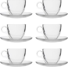 Set of 6 Glass Cup and Saucer 190ml Cappuccino Tea Coffee Espresso Clear Glass