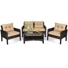 4 Pieces PE Rattan Patio Conversation Set Outdoor Rattan Furniture-White