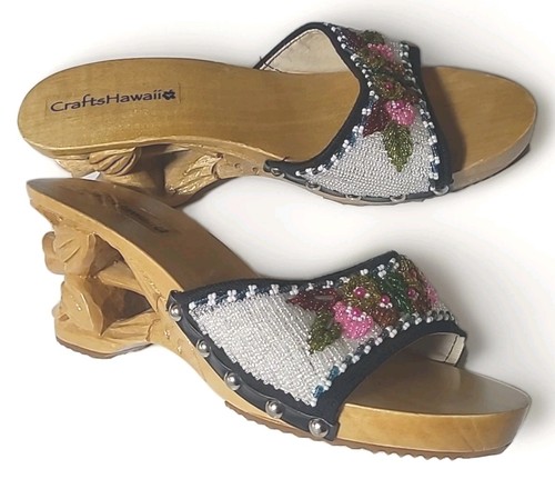 Beaded carved wooden clogs - beaded,