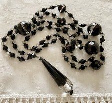 Vintage Art Deco Czech Black / Clear Glass Bead Knotted Flapper Necklace c1930s