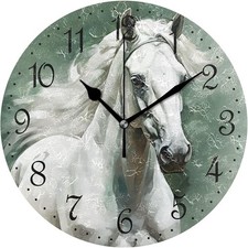 White Horse Wall Clock 25cm Rustic Animal Art Silent Non-Ticking Home Decor