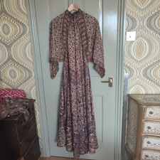 VINTAGE 70s INDIAN Silk Block Print BOHO Hippie GODDESS Maxi Dress caftan Phool