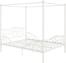 DHP Queen Size White Metal Canopy Four Poster Ornate Bed Frame Boxed COLLECT NN5