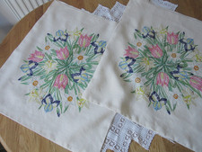PAIR VINTAGE  NATURAL LINEN HAND EMBROIDERED CUSHION COVERS - FLORALS  18x18"