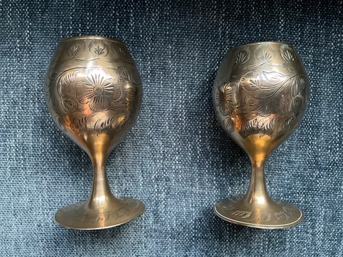 Vintage brass goblet etched - vintage,