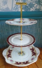 3 tier china cake stand Art Nouveau style burgundy, floral & gilt plates