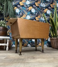 Vintage Blonde Wood Sewing Craft Box On Tapered Legs Mid Century Slide Top Retro