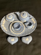 Wedgwood Jasperware Miniature Tea Set Blue + 2 Miniature Heart Boxes