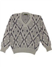 VINTAGE Mens V-Neck Jumper Sweater Large Grey Argyle/Diamond CC13