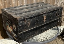 Antique Wooden And Cloth Steamer Shipping Trunk Chest. Cunard Labels. Carinthia