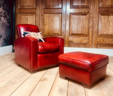 LEATHER CHAIRS of BATH ODEON ANTIQUE CHESTNUT CHESTERFIELD CLUB ARMCHAIR & STOOL