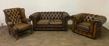 Chesterfield vintage suite 2 seater sofa Queen Ann & club chairs in tan leather 