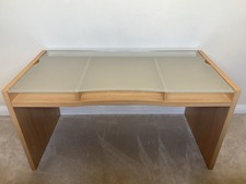 Office Desk, Beech Wood Effect with Sturdy Glass Top and Shelf