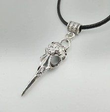 Silvertone Bird skull Necklace Crow Raven Head Norse Viking on Black 17" cord