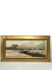 Antique Oil Painting - Snowy Country Scene - Signed MED - Framed - 17” X 8” GC