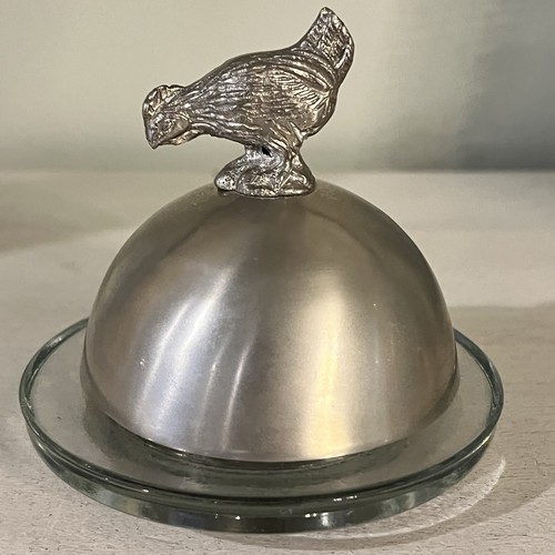 Small glass butter dish - small, pewter