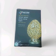 Premier Battery Operated Silver Glass Pine Cone Light Warm White Leds 16cm