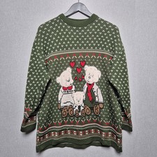 C&A Christmas Jumper Womens Size Medium Vintage Green Knit Applique Teddy Bears