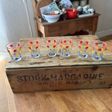 Vintage Set 6 Small Shot / Tot Glasses – Yellow / Blue / Red Spotty Design –