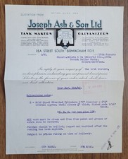 1940 Joseph Ash & Son Rea Street Birmingham Quote Letter to Newark