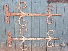 Grand Pair 3ft Antique Wrought Iron Scroll Church Door Strap Hinges FREE UK P&P 