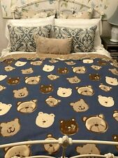 Reversible Handmade Quilted Throw Eiderdown Blue Beige Teddy Bear Print