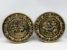 2x Vintage Embossed Brass Wall Plates Tavern & Hunting Scenes 21cm