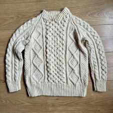 Vintage Kennedy of Ardara Aran Fisherman Beige Wool Jumper Sweater Irish Made XS