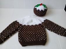Hand Knitted Aran Christmas Pudding Baby Outfit Jumper And Hat