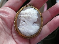 Victorian Carved Bacchante Shell Cameo and Gold Gilt Metal Pendant