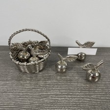 Vintage Silver Plate Apple Place Card Holders & Woven Basket Set | Cottagecore