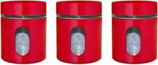 Set of 3 Canisters Tea Coffee Sugar Jar Red Food Storage Container Glass Pots