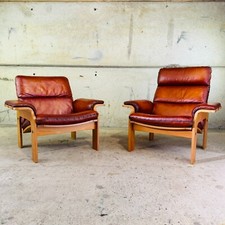 Vintage Nielaus Møbler Danish 70s Pair of Tan Leather His & Hers Armchairs #A567