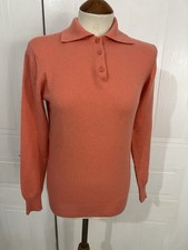Chas N Whillans coral orange Hawick Scottish cashmere polo collar jumper sz 10