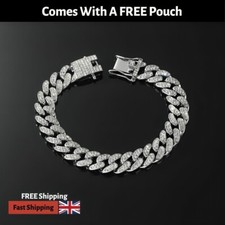 Mens Silver Bracelet Cuban Curb Chain Miami Link Curb Iced Diamonds Bling UK