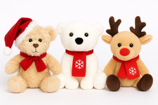 Set Of THREE Christmas Plush Cuddly Soft Toys Reindeer Teddy Polar Bear 15cm