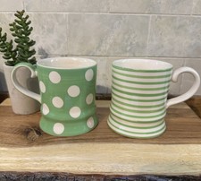 2 x Whittard Of Chelsea Bright Green Stripes & Spot Polka Dot Mugs Handpainted 