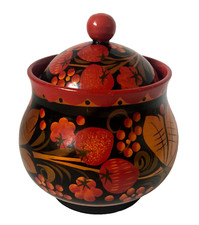 Russian Khokhloma Painted Lacquered Wooden Jar Pot Sugar Bowl with Lid 4 3/4" H