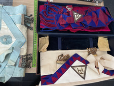 VINTAGE MASONIC APRONS X 3, A SASH AND LEATHER CASE