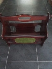 Vintage Solid Wood Magazine Newspaper Rack Storage Leather Side Panels